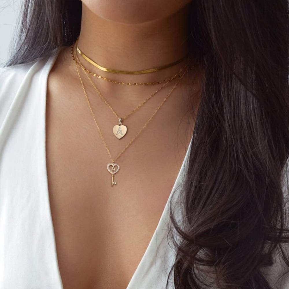 14 K Gold Layered Initial  Key & Heart Necklace